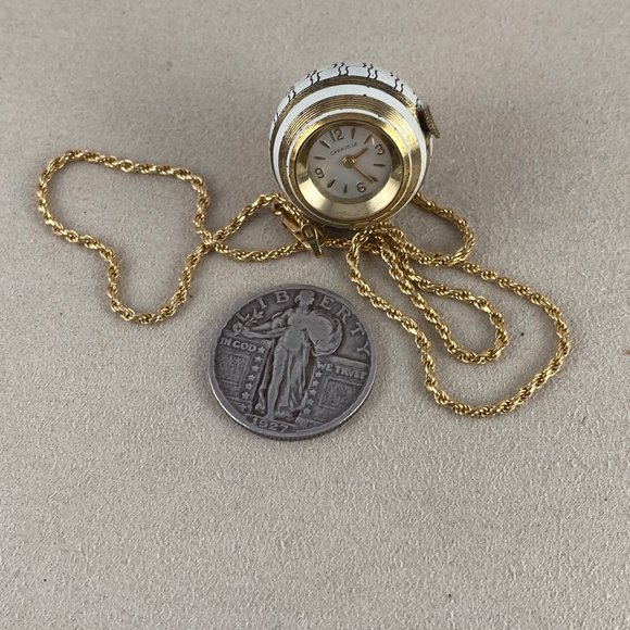 Vintage White Enamel over Gold Tone Caravelle 7 Jewel Orb or Pendant Watch - Picture 7 of 7